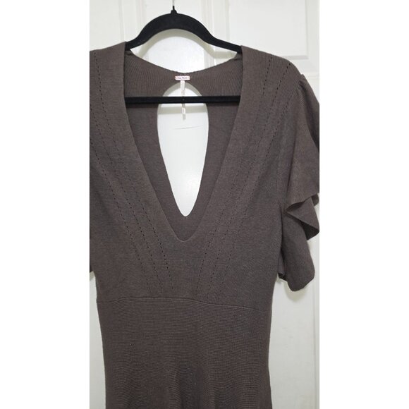 Free People Olive Green Women's Knit Flutter Sleeve Dress Deep V-Neckline & Open - Picture 4 of 8